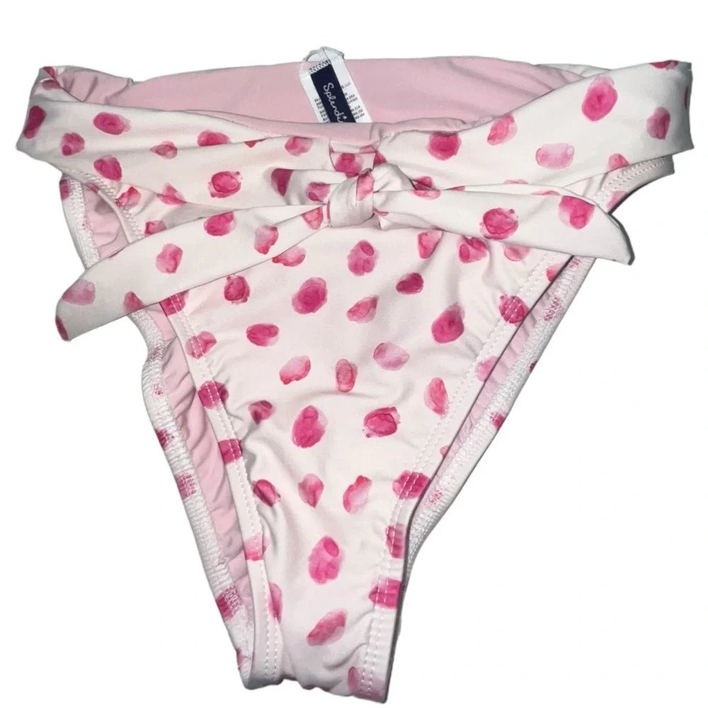 Splendid Tie-Front High-Leg Pink Polka Dot Bikini Bottoms | Womens L NEW! - Picture 3 of 7